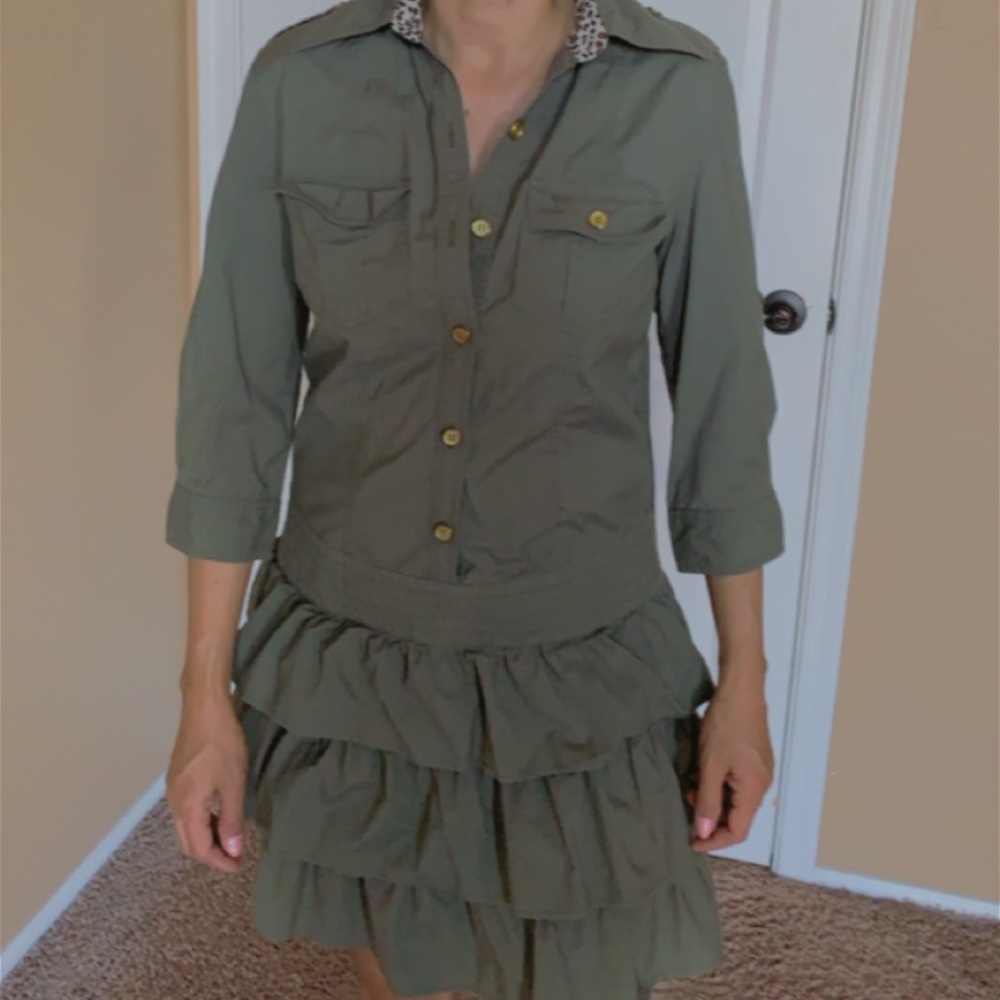 Green Leopard Print Neck Pleaded Skirt Dress